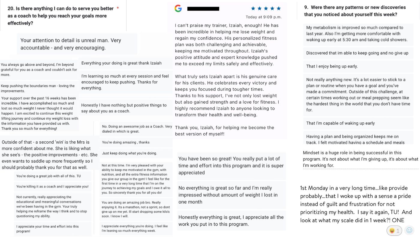 Multiple client testimonials and reviews for Team Unchained men's transformation program