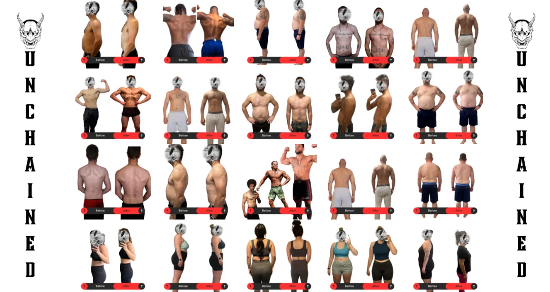 Men's body transformation before and after results - Team Unchained clients